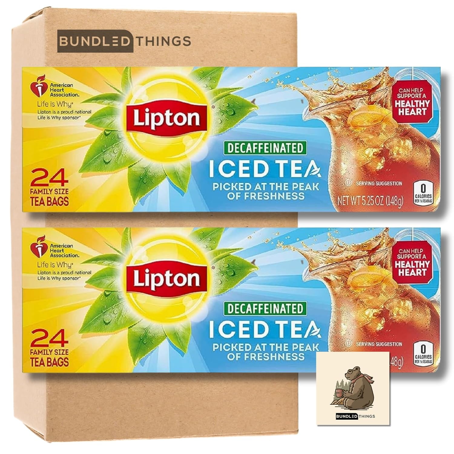 Decaffeinated Iced Tea, Family Size Tea Bags, 24 Count Boxes, Bundle Of