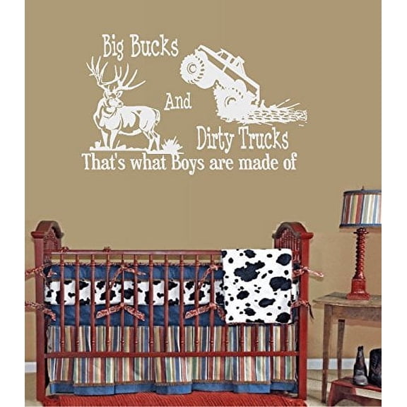 Decal ~ Big BUCKS and Dirty TRUCKS, That's what Boys are made of ~ Wall Decal (White) 20" x 32"