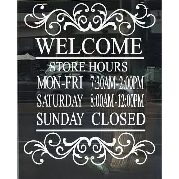 Decal ~ Business STORE HOURS: DECAL Custom Store Hours/Name/Number: White 13" x 17"