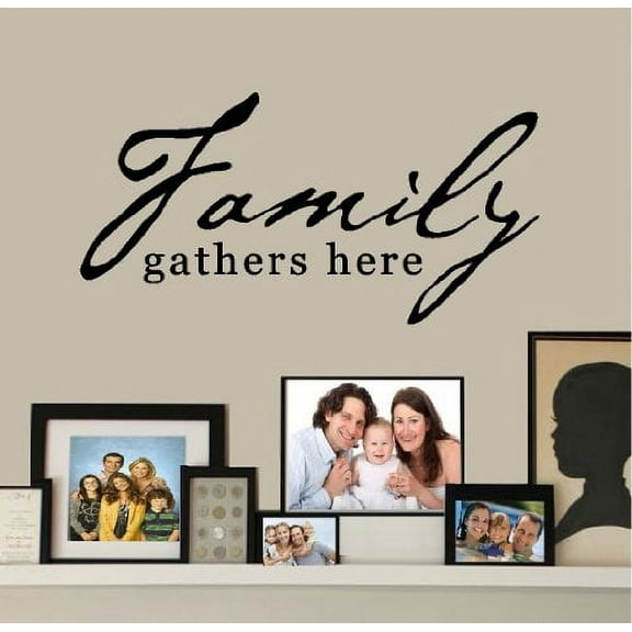 Decal ~ FAMILY GATHERS HERE ~ WALL DECAL, HOME DECOR 13" X 26"
