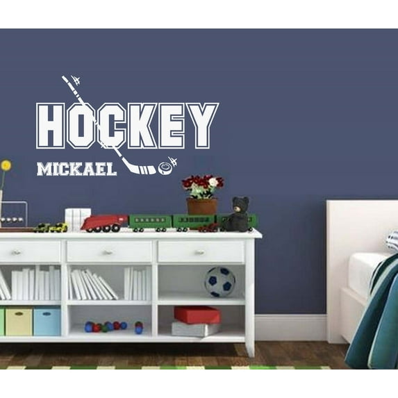 Decal ~ HOCKEY with Puck ( Custom Name ) Wall Decal 13" x 24" (White)