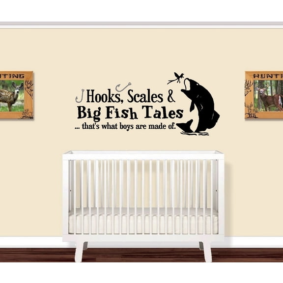 Decal ~ Hooks, Scales & BIG FISH Tales That's what boys are made of ~ WALL DECAL 13" X 29"