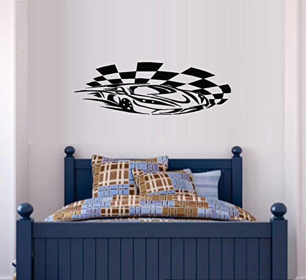 Decal ~ Race Car with Checkered Flag ~ Wall Decal, 10" x 30" - Walmart.com