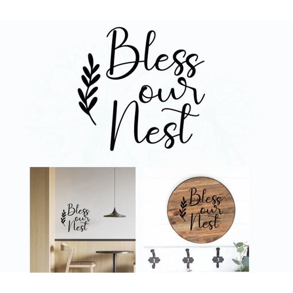 Decal for Round Wood Bless Our Nest - Vinyl Wall Art Sticker - Quotes Wall Decor for Front Door, Entryway, or Kitchen - Decal Sayings for Wall Decor - DIY Craft Your Own Wood Sign, 11.3x11-Inch, Black