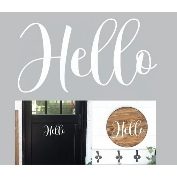 Decal for Round Wood Hello Cursive Welcome Art Lettering Decal - Vinyl Wall Art Sticker - Entryway Decor for Wall - Wall Stickers Quotes - DIY Craft Your Own Wood Sign, 11x5.8-Inch, White