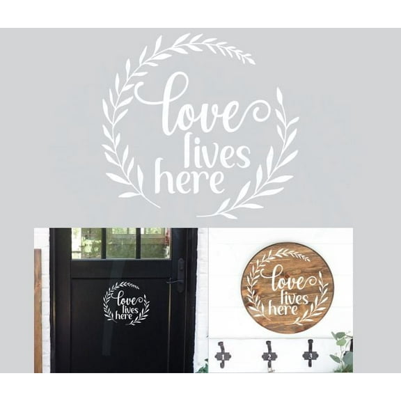 Decal for Round Wood Love Lives Here - Vinyl Wall Art Sticker - Motivational Quotes for Bedroom, Living Room, Kitchen - Sayings for Wall Decor - DIY Craft Your Own Wood Sign, 11x10-Inch, White