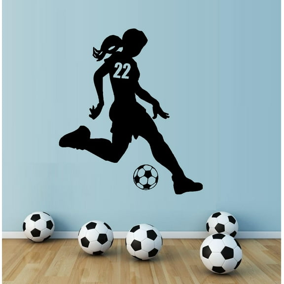 Decal ~ SOCCER GIRL ~ WITH CUSTOM NUMBER ON JERSEY: WALL DECAL LRG 21" X 22"