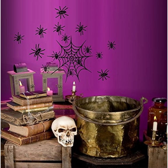 Decal ~ SPIDER WEB AND 14 SPIDERS ~ HALLOWEEN: WALL OR WINDOW DECAL, 10" X 20"