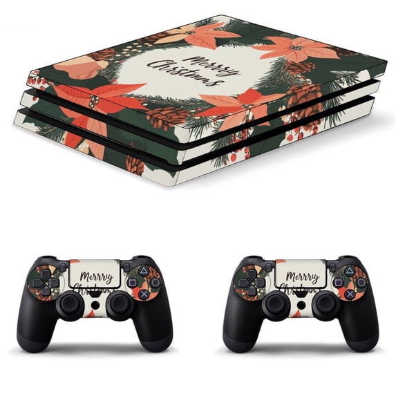 Decal Skin for PS4 Slim / PS4 Pro / PS4, Whole Body Vinyl Sticker Cover for Playstation 4 Console and Controller (Merry Christmas lettering Wreath Leanfs-1)