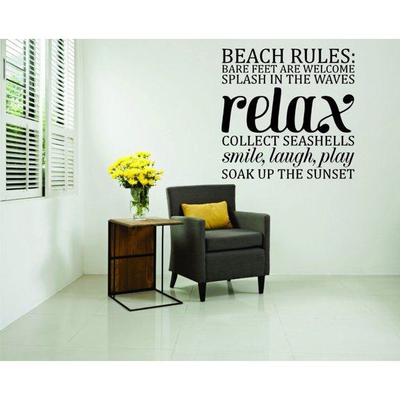 Decal Sticker : Beach Rules; Bare Feet Are Welcome Splash Collect Seashells Smile, Laugh, Play Soak Up The Sunset Quote 20x20 Inches