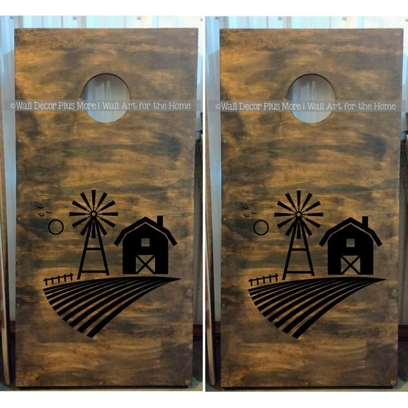 Decal Sticker for Bean Bag Boards- Farm Scene Windmill Barn Cornhole Board Vinyl Decals or Stencil for Painting, Set/2 Glossy Black