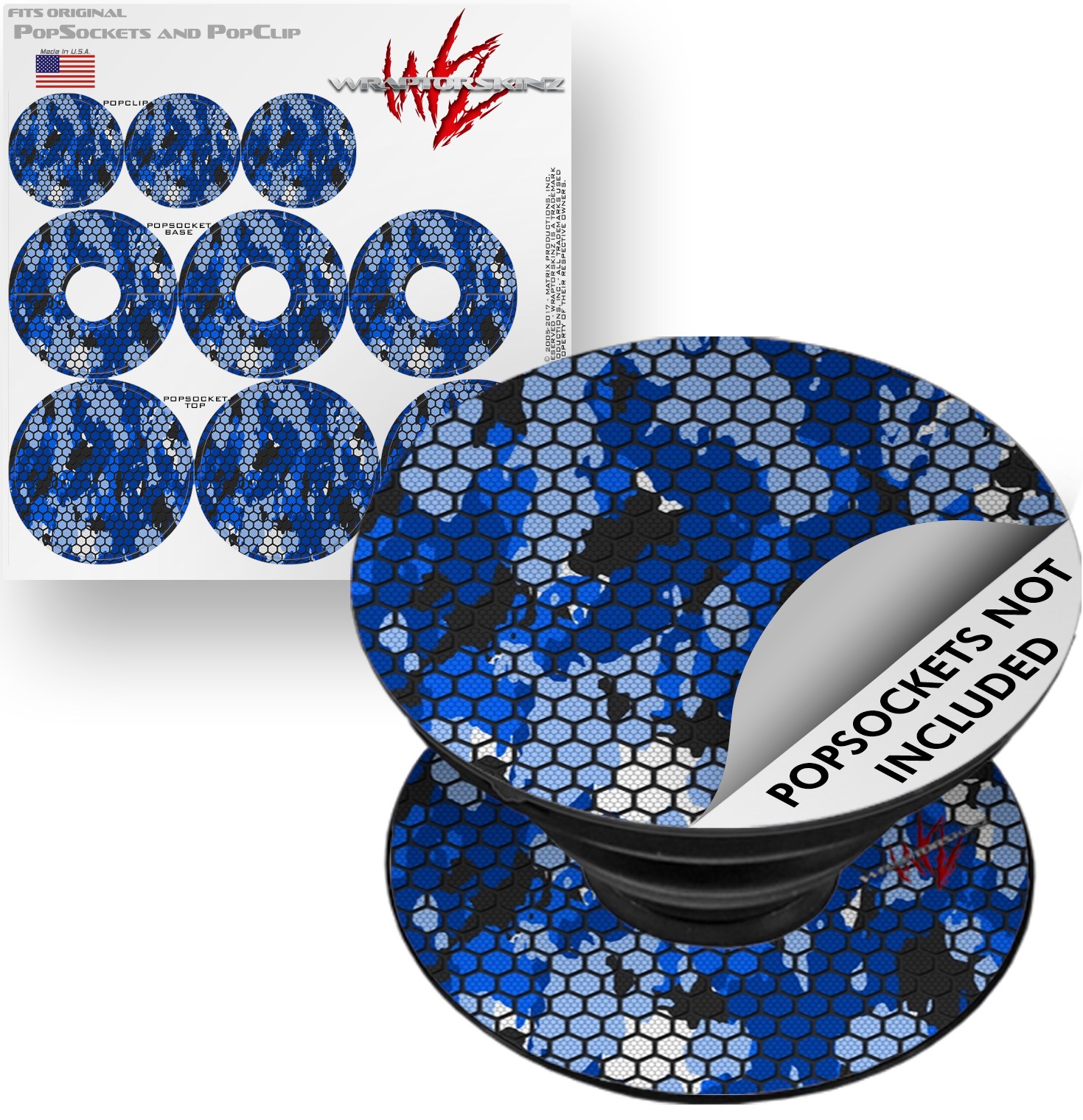 Decal Style Vinyl Skin Wrap 3 Pack for PopSockets HEX Mesh Camo 01 Blue Bright (POPSOCKET NOT INCLUDED) by WraptorSkinz