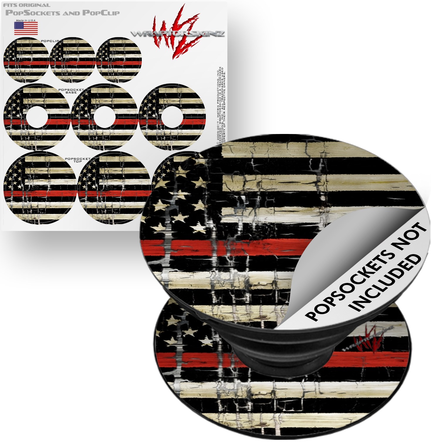 Decal Style Vinyl Skin Wrap 3 Pack for PopSockets Painted Faded and Cracked Red Line USA American Flag (POPSOCKET NOT INCLUDED) by WraptorSkinz
