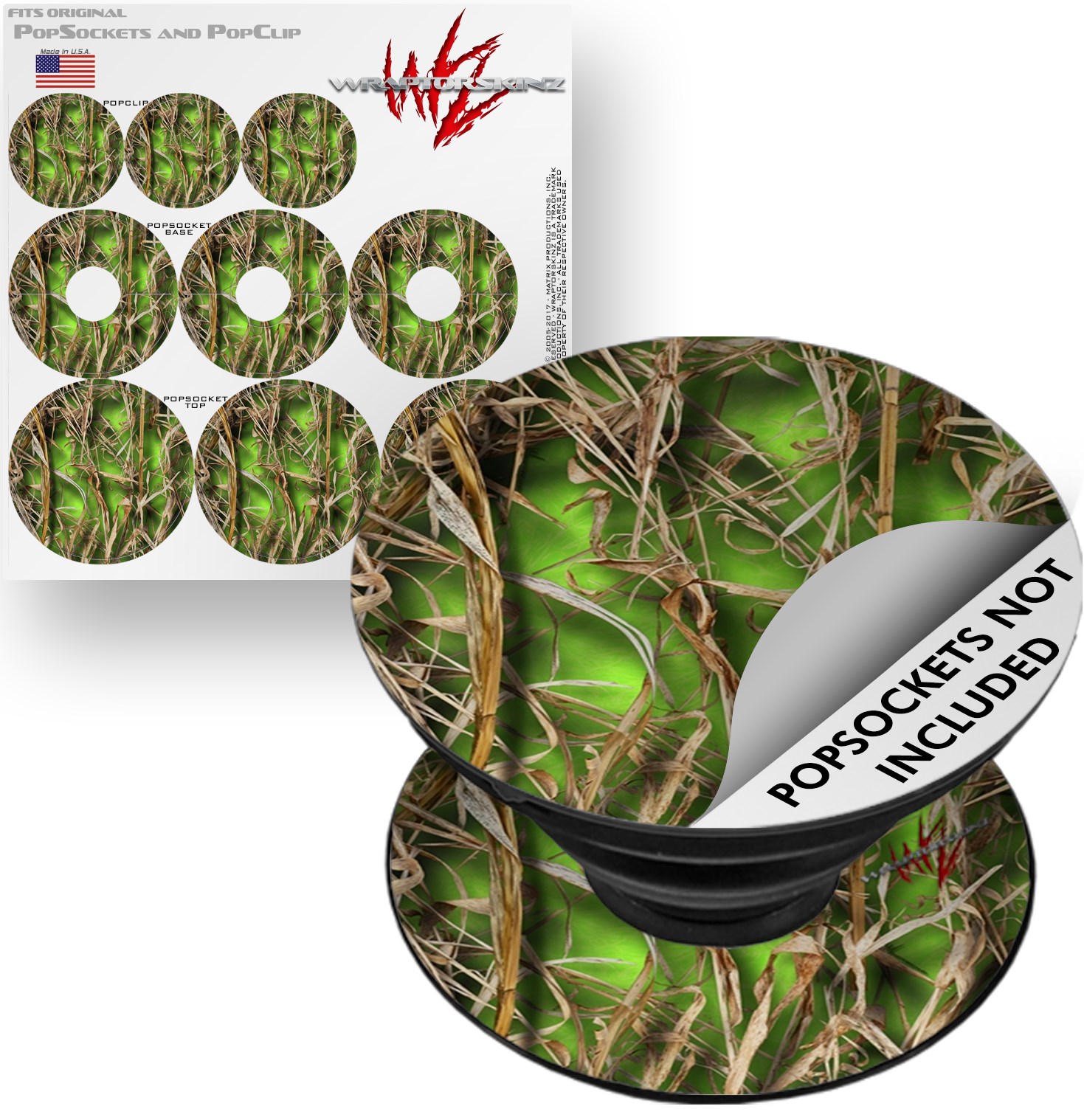 Decal Style Vinyl Skin Wrap 3 Pack for PopSockets WraptorCamo Grassy Marsh Camo Neon Green (POPSOCKET NOT INCLUDED) by WraptorSkinz
