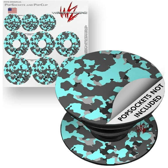Decal Style Vinyl Skin Wrap 3 Pack for PopSockets WraptorCamo Old School Camouflage Camo Neon Teal (POPSOCKET NOT INCLUDED) by WraptorSkinz