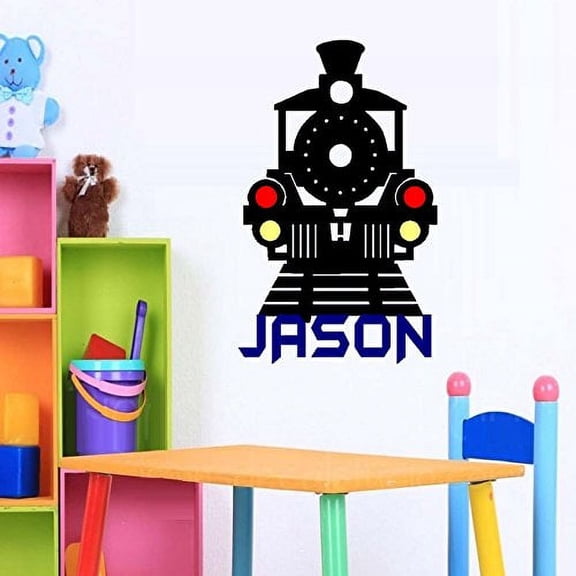 Decal ~ Train with Vinyl Colored Lights #7 ( Custom Name ) Children Wall decal ~ 20" x 33" (Blue Name / Blk Train)