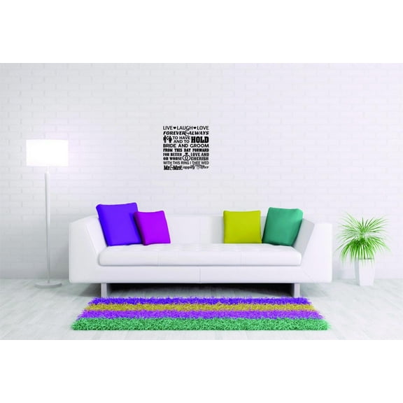 Decal Wall Sticker Description Of Love Live Laugh Bride Groom Cherish Ring Mr. & Mrs. Happily Ever After Love Life Wedding Quote 18x18 Inches