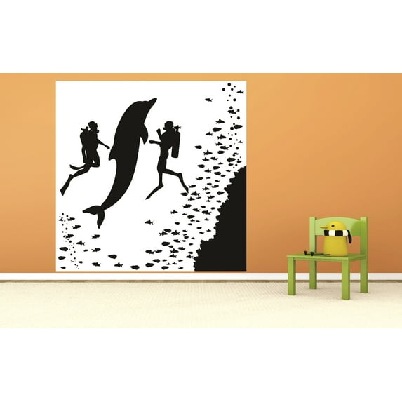 Decal Wall Sticker : Dolphin And Divers Swimming Fish Underwater Silhouette 20x30 Inches