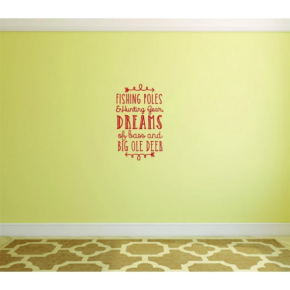 Decal Wall Sticker - Fishing Poles & Hunting Gear, Dreams Of Bass Big Ole Deer Quote Outdoor Sports Wildlife Men Decor Picture Art 14x28 Inches
