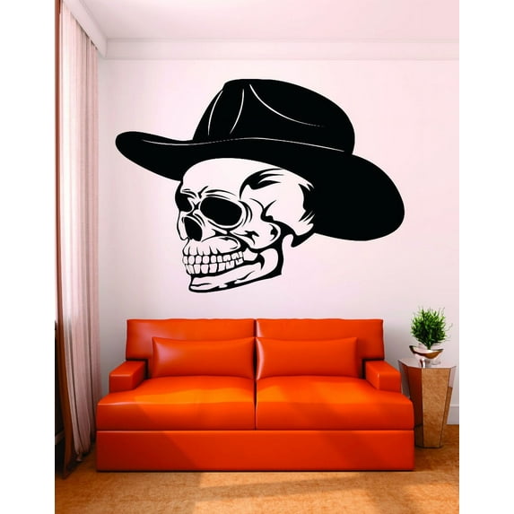 Decal Wall Sticker : Skeleton Head Skull With Hat Silhouette 20x30 Inches