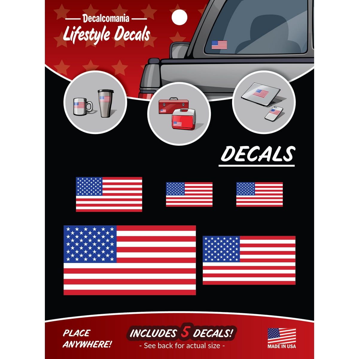 Decalcomania American Flag Stickers - Set of 5 US Flag Window Decals for Car Trucks Hard Hat - Made in USA Stickers