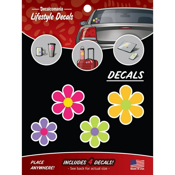 Decalcomania Retro Flowers Vinyl Decals - Car Stickers 4 Pack Orange Green Purple Pink Flowers for Water Bottle Bumper Car Window Locker Laptop Luggage