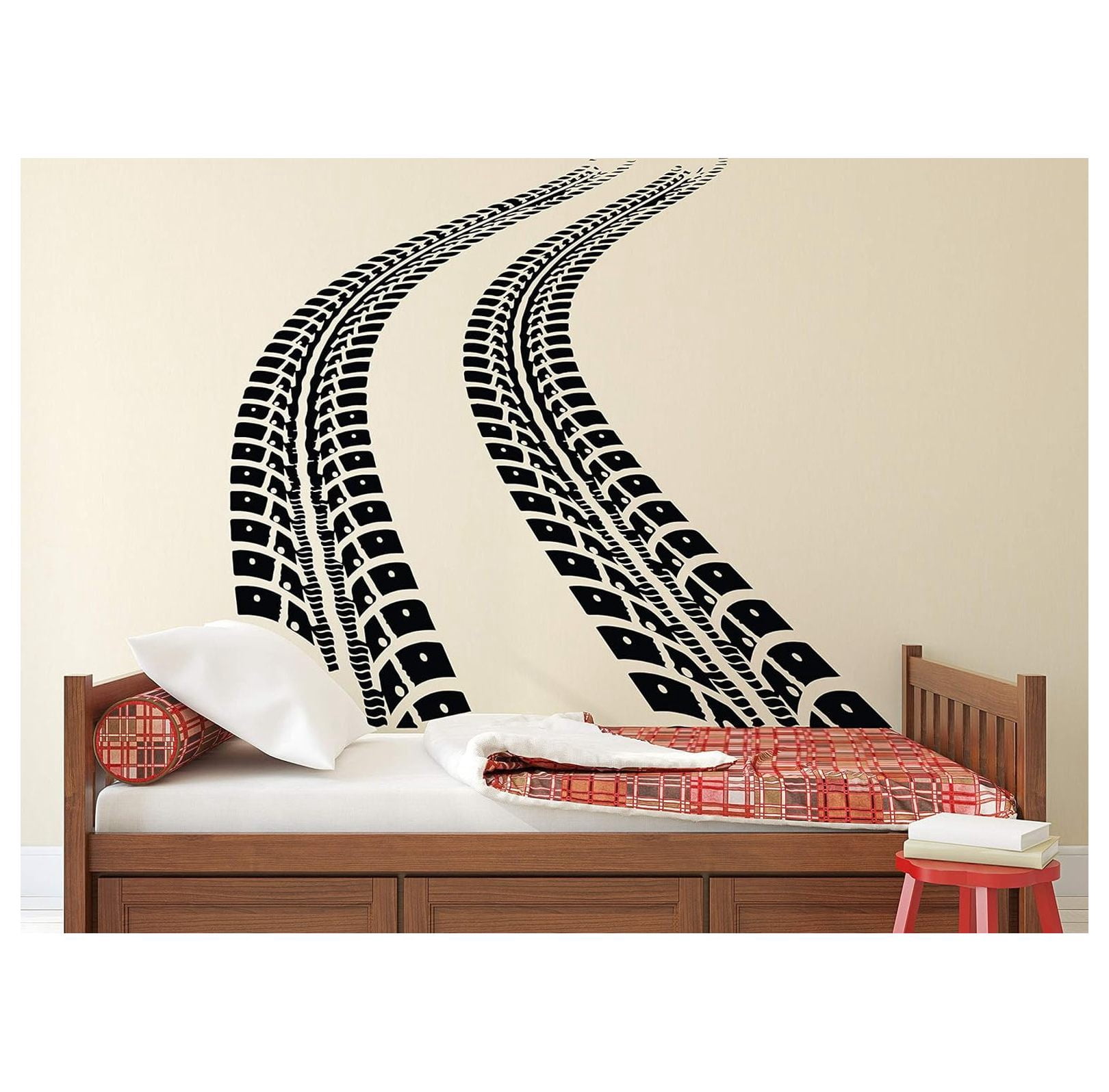Decalzone Tire Tracks Wall Decal Tire Tread Decor Automotive Art Mural Boys Room Wall Sticker (46 inchesW x 36 inchesH), Black