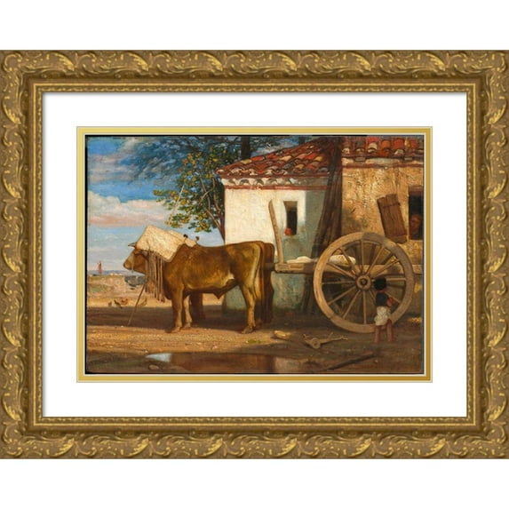 Decamps, Alexandre-Gabriel 18x14 Gold Ornate Wood Framed with Double Matting Museum Art Print Titled - Oxen before a Farmhouse at Le Verrier