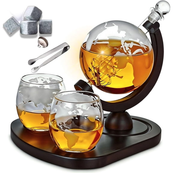 Decanter Globe Set with 2 Etched Globe  Glasses |  Decanter |  Stones, Ice Tong, Funnel - Gifts For Men Dad, Husband - , , , ,  Stand - 850ml