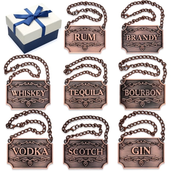 Decanter Labels - Tags (Set of 8, Copper Colour) Label for Bottle:Gin Brandy Rum Adjustable Chain, 2.4 x 1.6 in, ,Gifts for Men