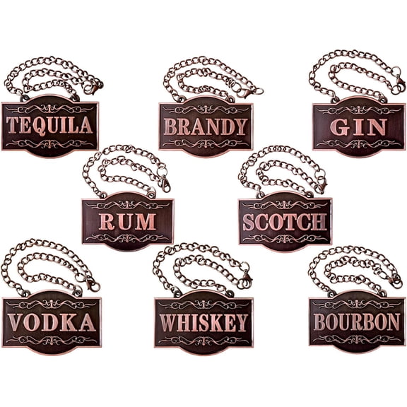 Decanter Tags, Set of 8, Copper Colour, 2.36 x 1.57 inches | Liquor Labels: Gin, Vodka, Bourbon, Whiskey, Brandy, Rum, Scotch, Tequila, Adjustable Chain, For Liquor Bottles