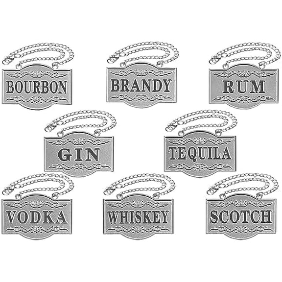 Decanter Tags - Liquor Tags (Set of 8, Gorgeous Silver) Liquor Decanter :Gin, Vodka, Bourbon, Whiskey, Brandy, Rum, Scotch, Tequila - Tags for Liquor bottle, Adjustable Chain, 2.36 x 1.57 inches
