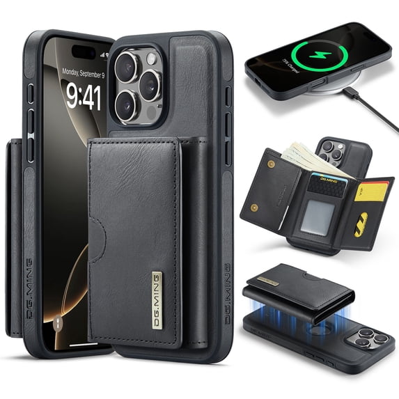 Decase 2 in 1 Magnetic Detachable Wallet Case Compatible with iPhone 16 Pro Max, Premium Leather RFID Blocking Flip Wallet Card Holder Shockproof Phone Case Supporting Wireless Charging,Black
