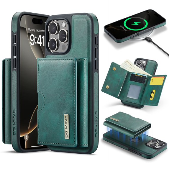 Decase 2 in 1 Magnetic Detachable Wallet Case Compatible with iPhone 16 Pro Max, Premium Leather RFID Blocking Flip Wallet Card Holder Shockproof Phone Case Supporting Wireless Charging,Green