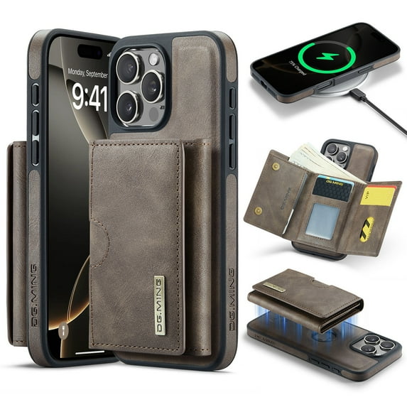 Decase 2 in 1 Magnetic Detachable Wallet Case Compatible with iPhone 16 Pro Max, Premium Leather RFID Blocking Flip Wallet Card Holder Shockproof Phone Case Supporting Wireless Charging,Coffee