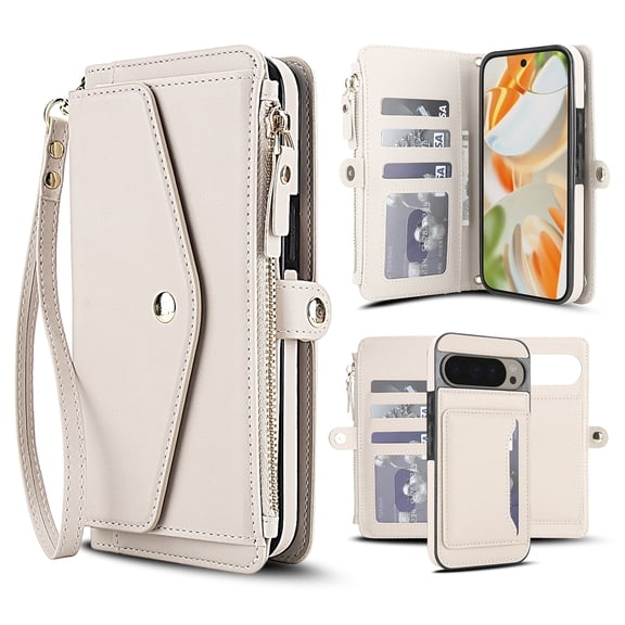 Decase 2-in-1 Detachable Magnetic Wallet Case Compatible with Google Pixel 8A, Shockproof PU Leather Flip Cover with Card Slots,Cash Pocket,Zipper Purse,Crossbody Strap,RFID Blocking,White