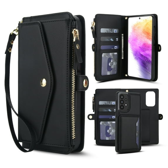 Decase 2-in-1 Detachable Magnetic Wallet Case Compatible with Samsung Galaxy A13 5G, Shockproof PU Leather Flip Cover with Card Slots,Cash Pocket,Zipper Purse,Crossbody Strap,RFID Blocking,Black