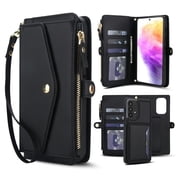 Decase 2-in-1 Detachable Magnetic Wallet Case Compatible with Samsung Galaxy A16 5G, Shockproof PU Leather Flip Cover with Card Slots,Cash Pocket,Zipper Purse,Crossbody Strap,RFID Blocking,Black