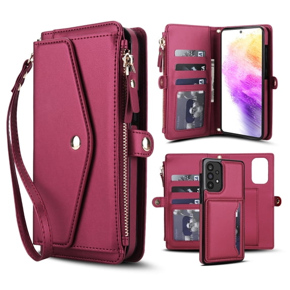 Decase 2-in-1 Detachable Magnetic Wallet Case Compatible with Samsung Galaxy A54 5G, Shockproof PU Leather Flip Cover with Card Slots,Cash Pocket,Zipper Purse,Crossbody Strap,RFID Blocking,Red