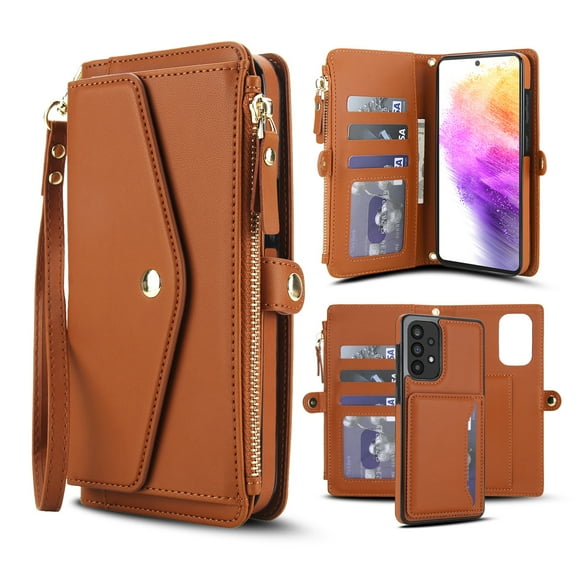 Decase 2-in-1 Detachable Magnetic Wallet Case Compatible with Samsung Galaxy A56 5G, Shockproof PU Leather Flip Cover with Card Slots,Cash Pocket,Zipper Purse,Crossbody Strap,RFID Blocking,Brown