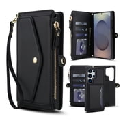 Decase 2-in-1 Detachable Magnetic Wallet Case Compatible with Samsung Galaxy S23 FE,Shockproof PU Leather Flip Cover with Card Slots,Cash Pocket,Zipper Purse,Crossbody Strap,RFID Blocking,Black