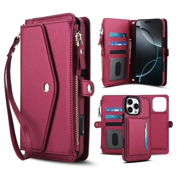 Decase 2-in-1 Detachable Magnetic Wallet Case Compatible with iPhone 15 Plus, Shockproof PU Leather Flip Cover with Card Slots, Cash Pocket, Zipper Purse, Crossbody Strap, RFID Blocking,Red