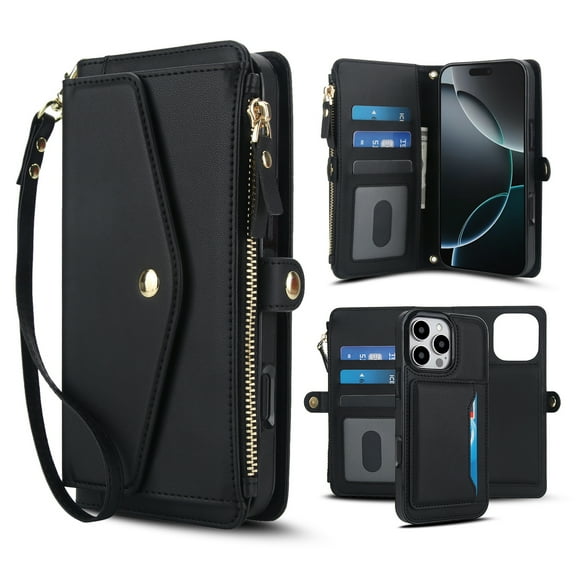 Decase 2-in-1 Detachable Magnetic Wallet Case Compatible with iPhone 16e, Shockproof PU Leather Flip Cover with Card Slots, Cash Pocket, Zipper Purse, Crossbody Strap, RFID Blocking,Black