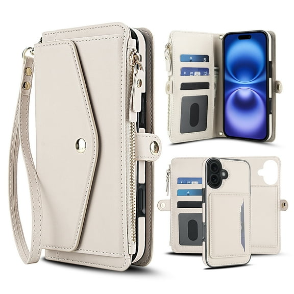 Decase 2-in-1 Detachable Magnetic Wallet Case Compatible with iPhone 17, Shockproof PU Leather Flip Cover with Card Slots, Cash Pocket, Zipper Purse, Crossbody Strap, RFID Blocking,White