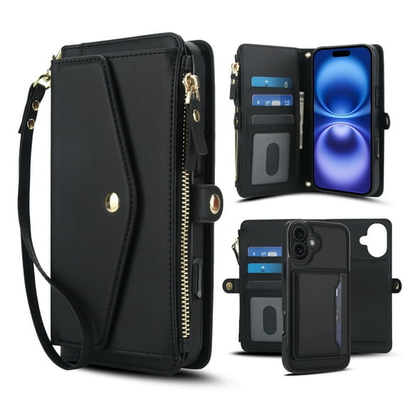 Decase 2-in-1 Detachable Magnetic Wallet Case Compatible with iPhone 17, Shockproof PU Leather Flip Cover with Card Slots, Cash Pocket, Zipper Purse, Crossbody Strap, RFID Blocking,Black