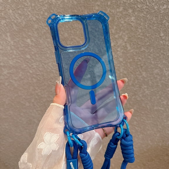 Decase 3 in 1 Clear Shockproof Magnetic Lanyard Case Compatible with iPhone 16 Pro Max,Compatible with Mag-Safe,Dual-Layer Rugged Hard PC TPU Bumper Hybrid Clear Hard Back Case+Wrist Strap,Blue