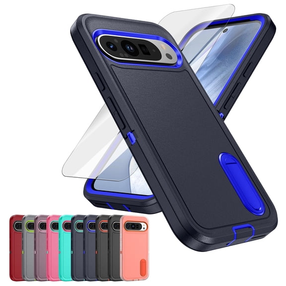Decase 3-in-1 Shockproof Case for Google Pixel 9 Pro XL,3-Layer Heavy Duty Anti-Scratch Hard Case,Rugged Stand Cover with Tempered Screen Protector,Darkblue+Royalblue