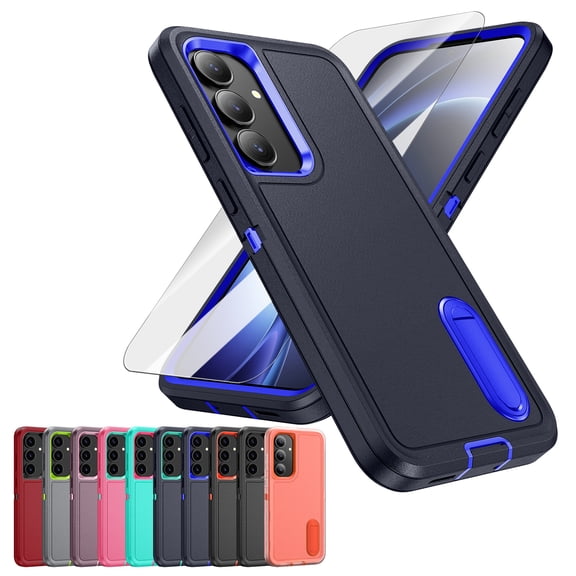 Decase 3-in-1 Shockproof Case for Samsung Galaxy S25 FE,3-Layer Heavy Duty Anti-Scratch Hard Case,Rugged Stand Cover with Glass Screen Protector,Darkblue+Royalblue