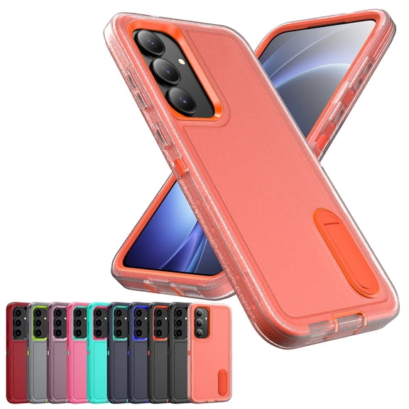 Decase 3-in-1 Shockproof Case for Samsung Galaxy S25 FE,3-Layer Heavy Duty Anti-Scratch Hard Case,Rugged Kickstand Cover,Clear+Orange