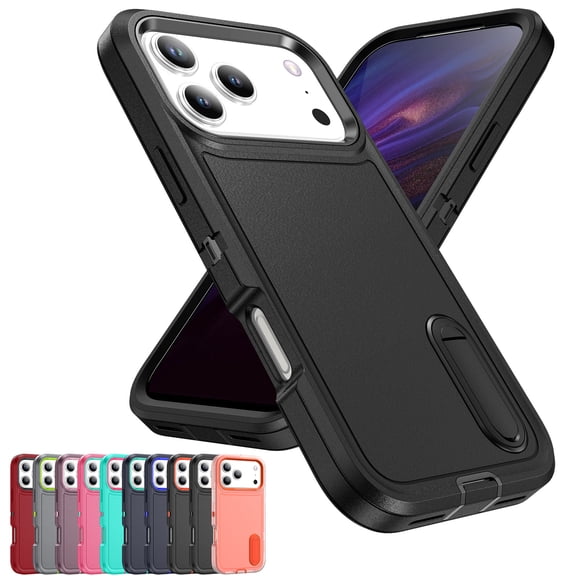Decase 3-in-1 Shockproof Case for iPhone 17 Pro Max,3-Layer Heavy Duty Anti-Scratch Hard Case,Rugged Kickstand Cover,Black+Black